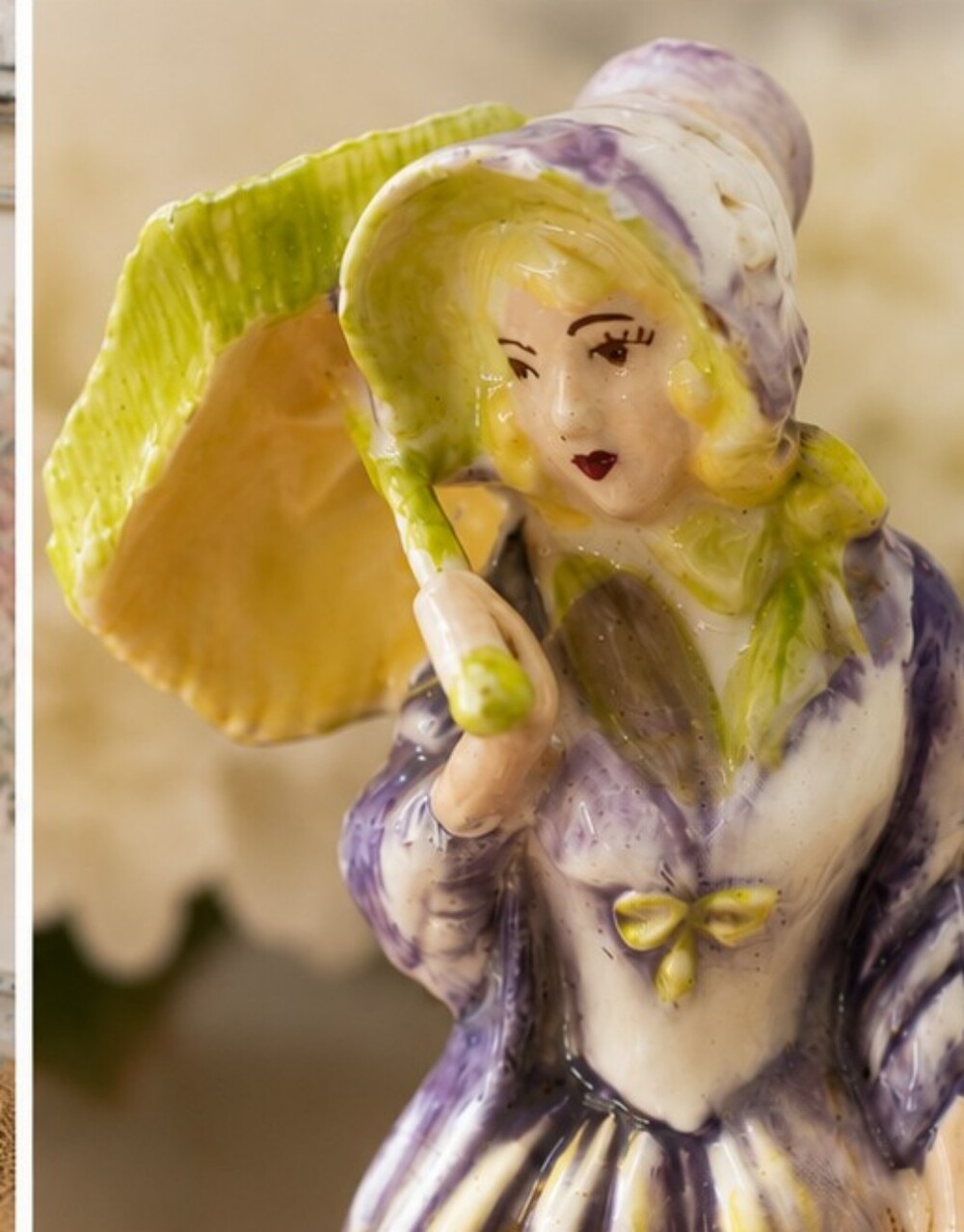 Vintage Porcelain Figurine Woman with Parasol - Purple & Lime